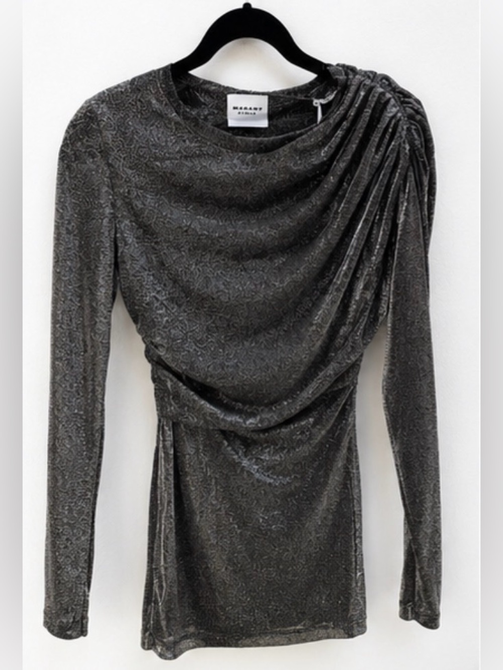 Isabel Marant Black Draped Velvet-Texture Long Sleeve Top